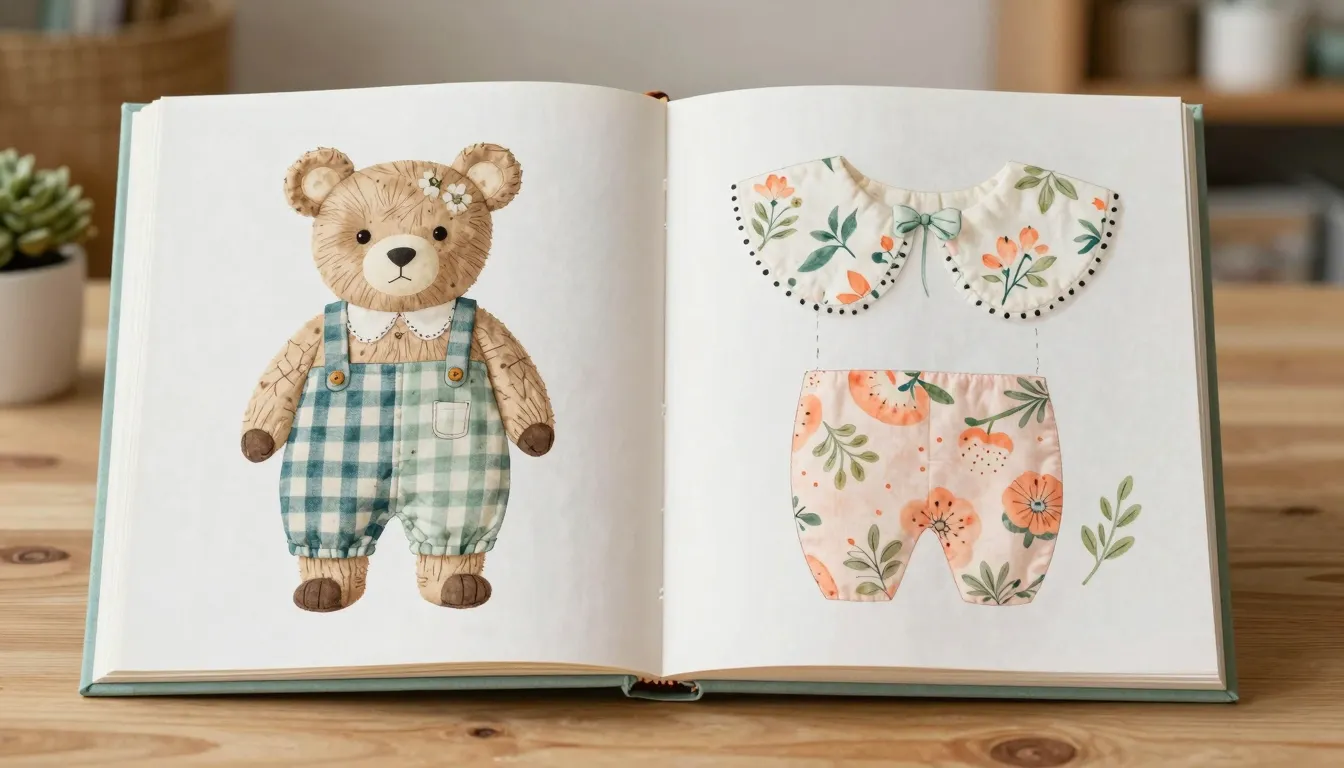 Double page book spread, sewing tutorial for a Tilda-style t...