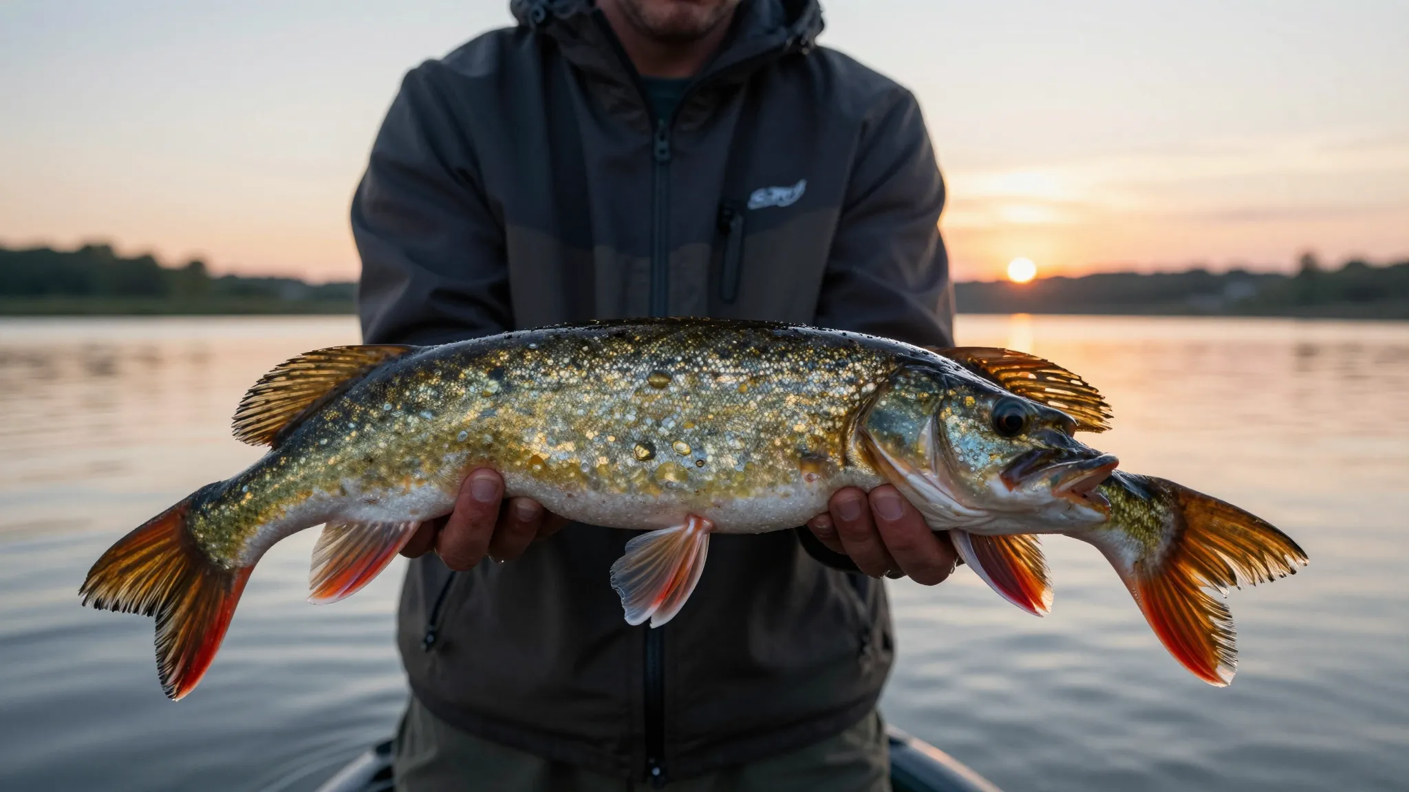 A close-up shot of a large, shiny fish (like a pike or a car...