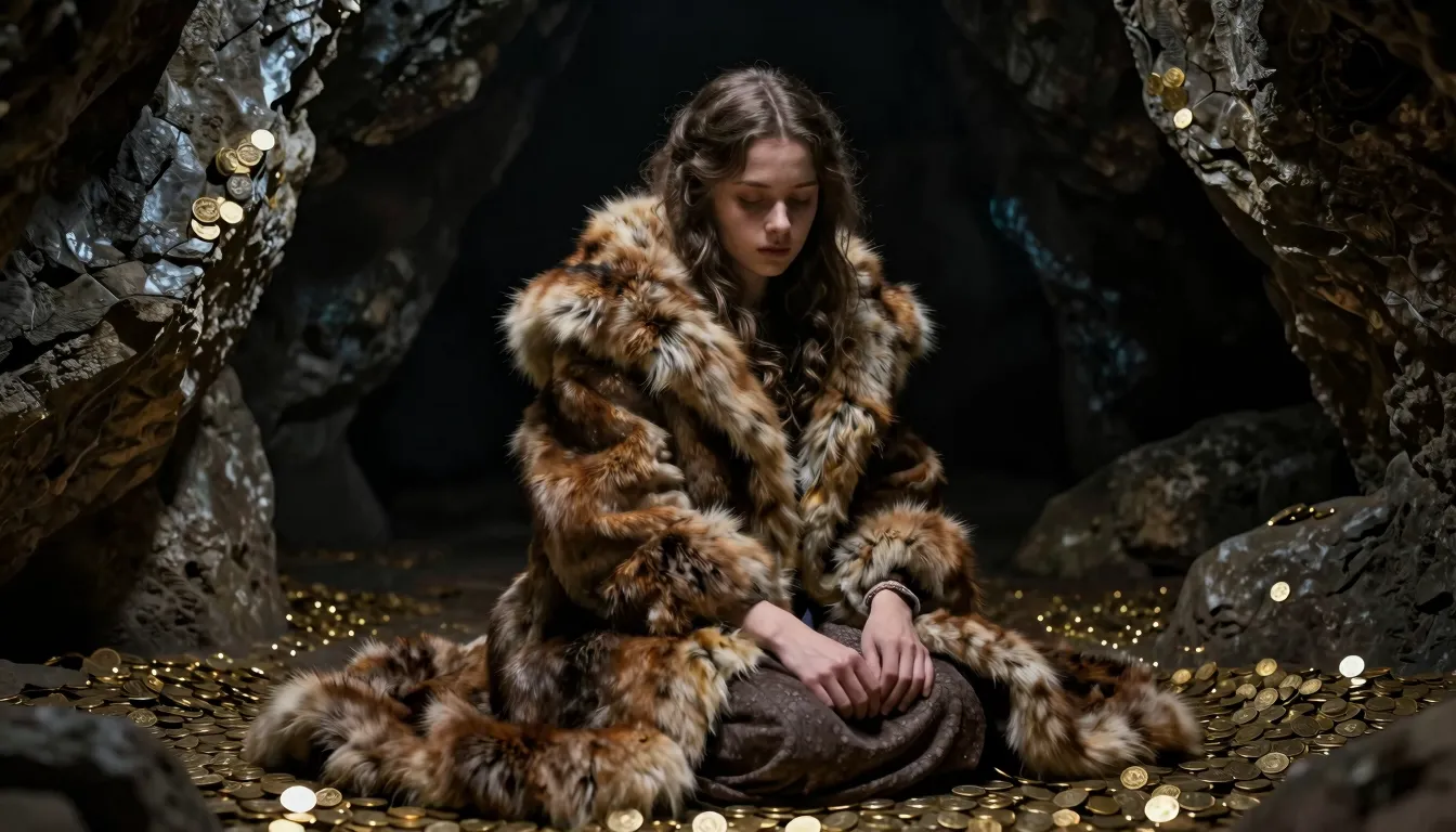 Portrait of a melancholic Slavic girl in a rich fur coat, su...