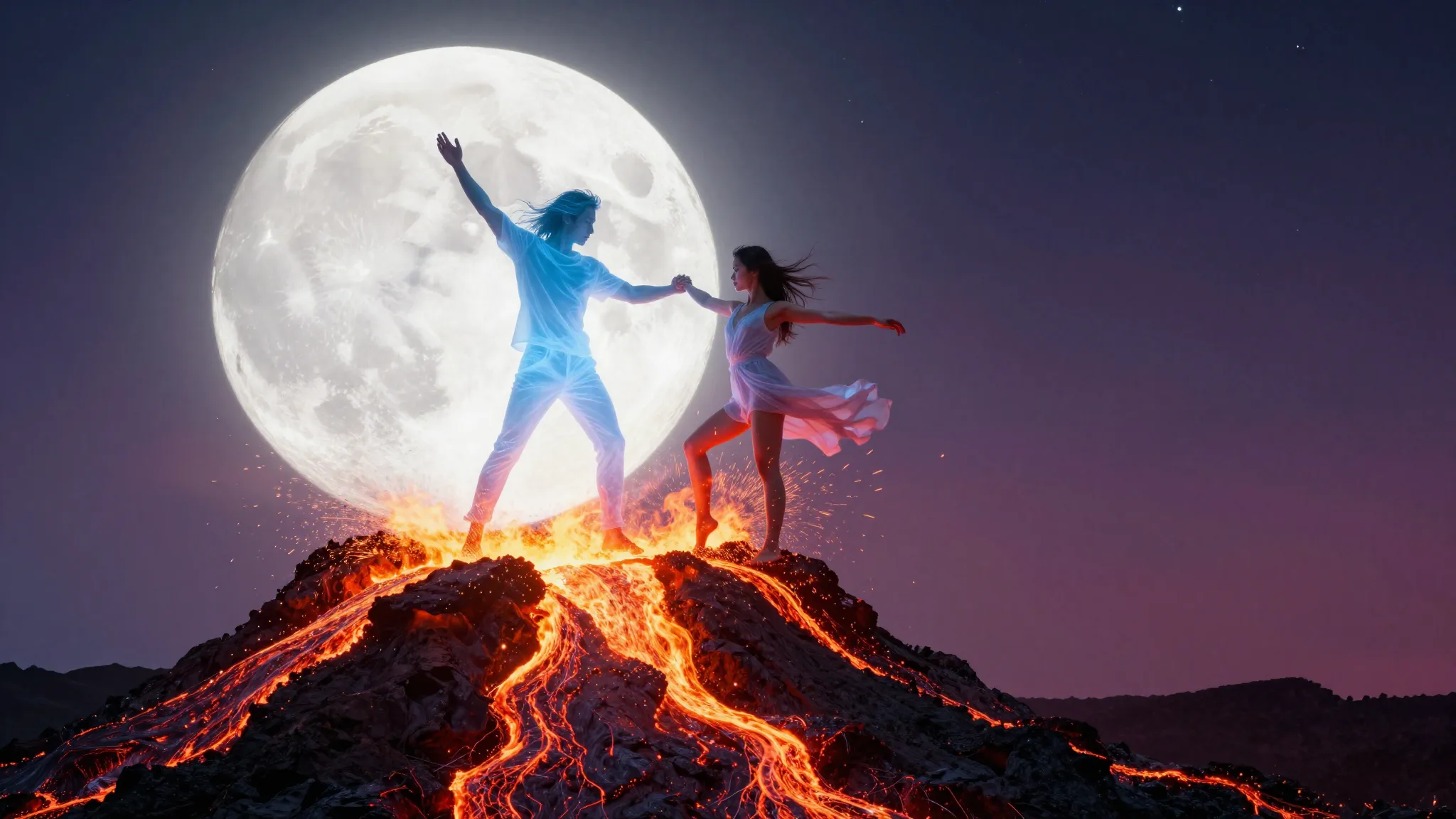 Translucent man with long hair and woman dancing on volcano ...