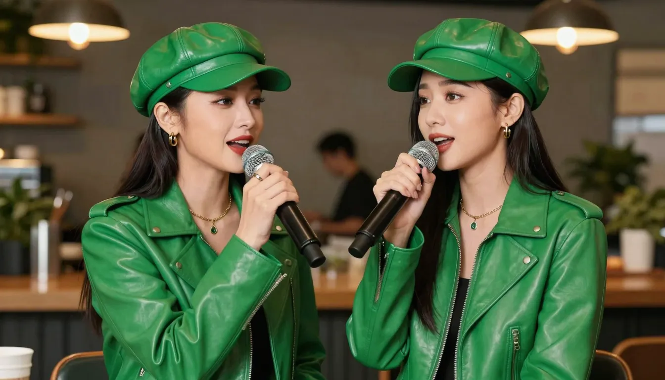 Two stylish Chinese women wearing vibrant green leather jack...