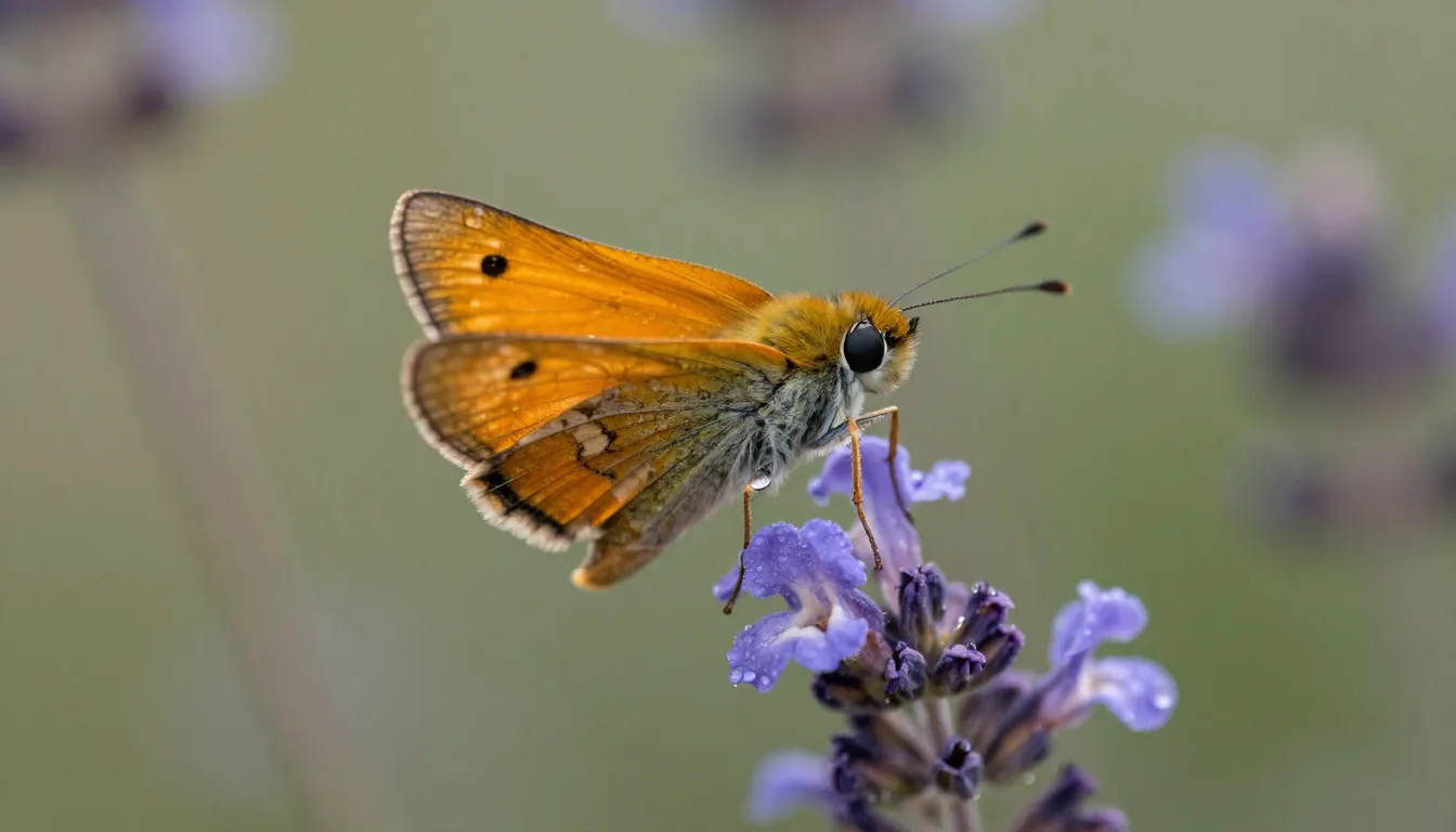 A professional macro shot of a small orange skipper butterfl...