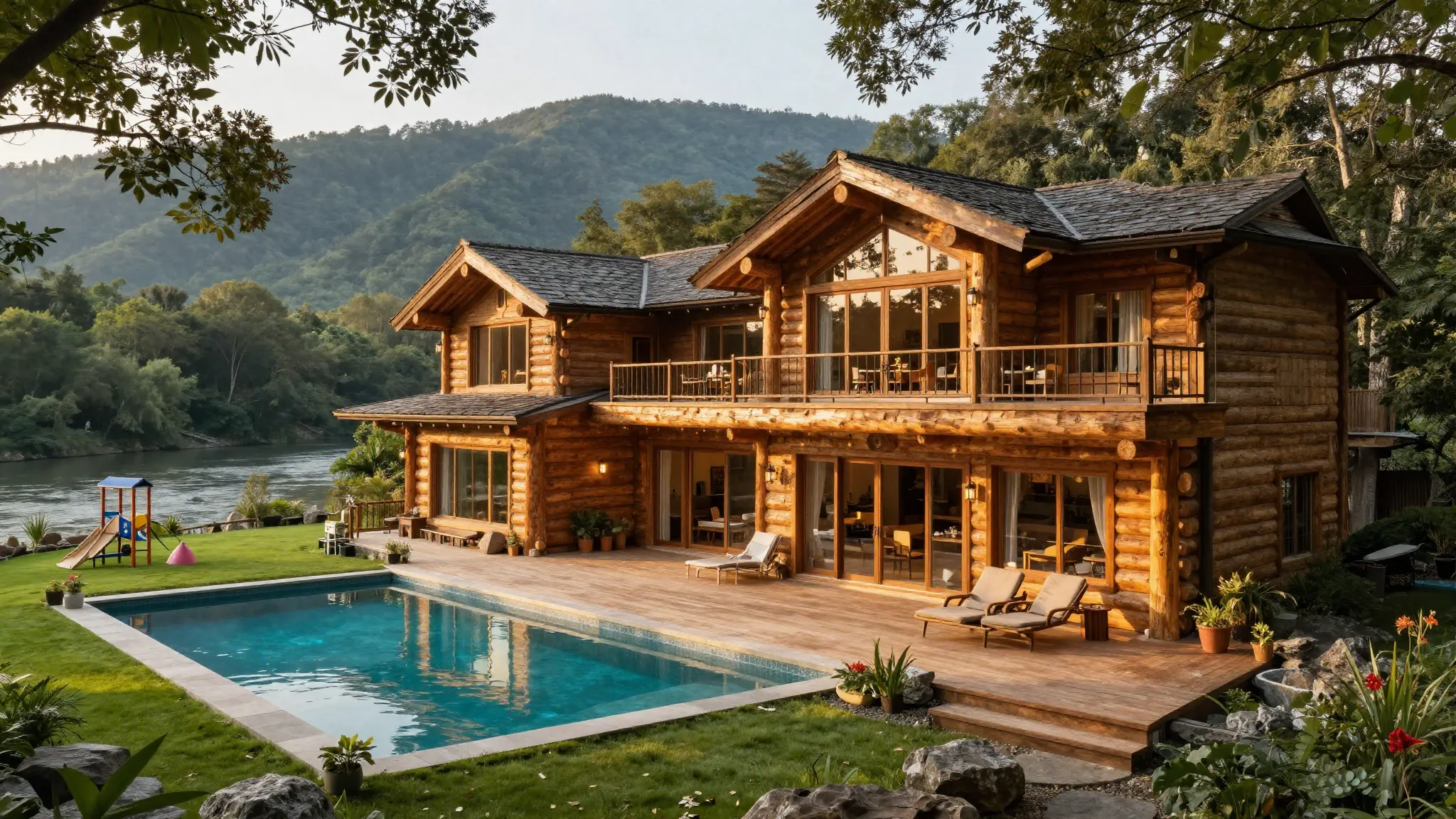 A luxurious private estate made of massive whole logs in a t...