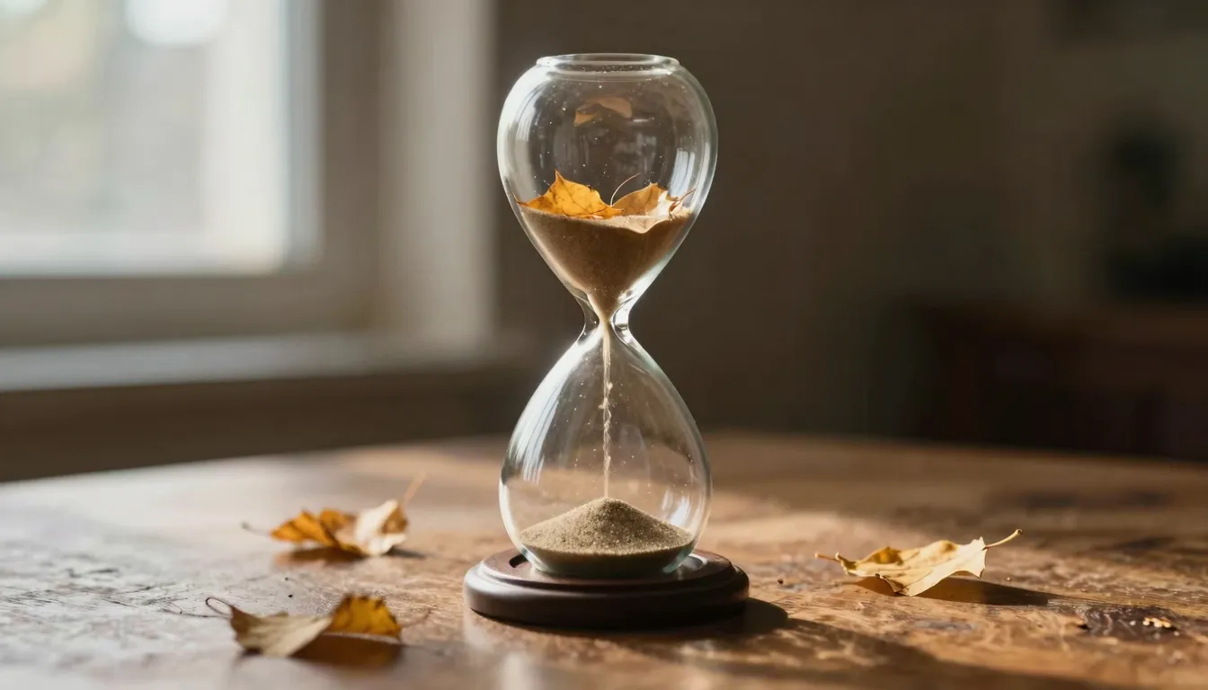 An elegant hourglass standing on a wooden table, inside the ...