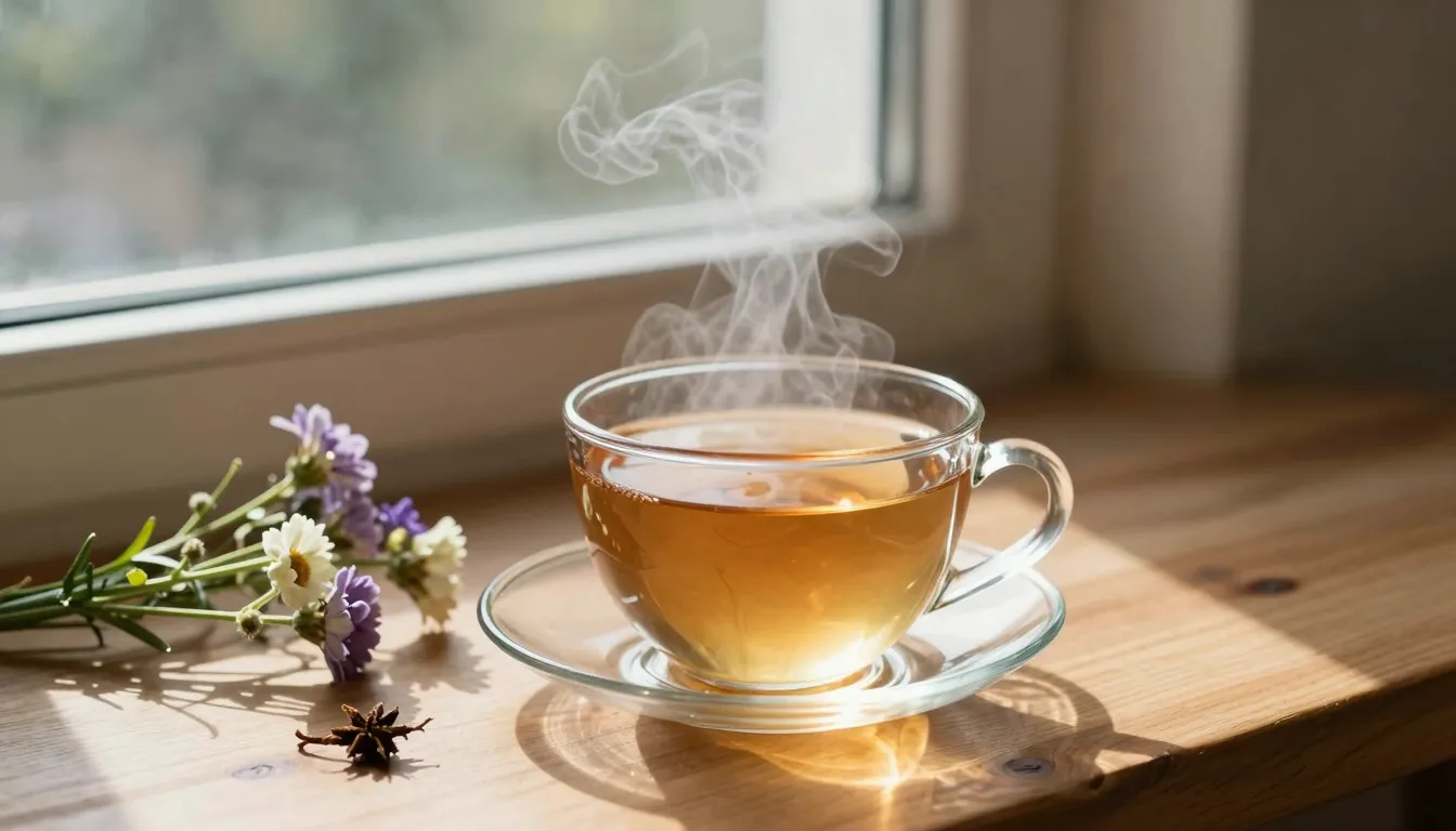 A cozy morning scene with a cup of herbal tea on a wooden ta...
