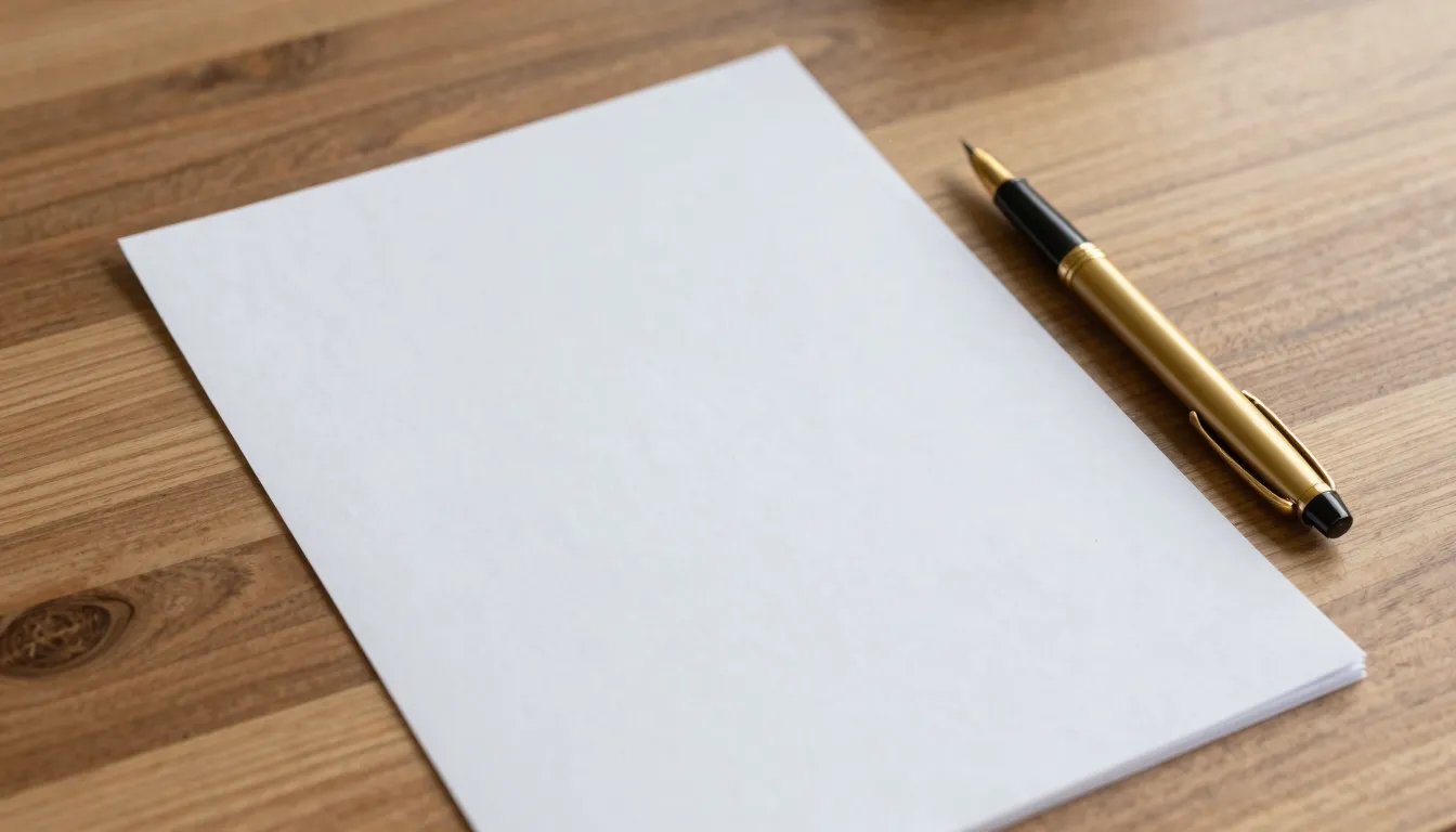 A clean white sheet of paper on a wooden desk with a golden ...