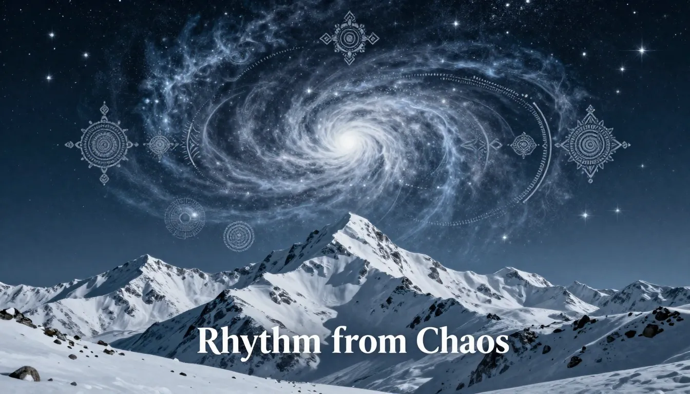 Book cover design titled 'Rhythm from Chaos', majestic snowy...