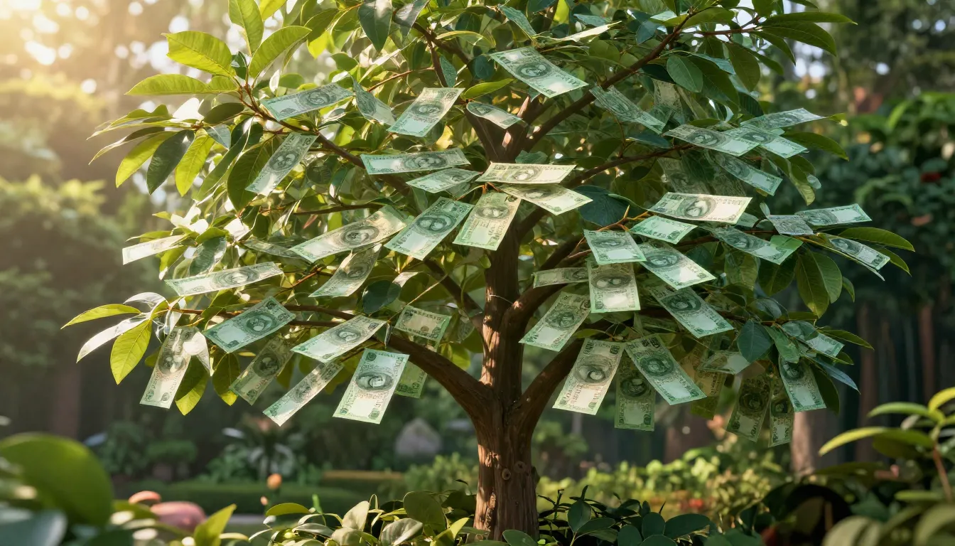 A majestic tree growing in a lush garden where the leaves ar...
