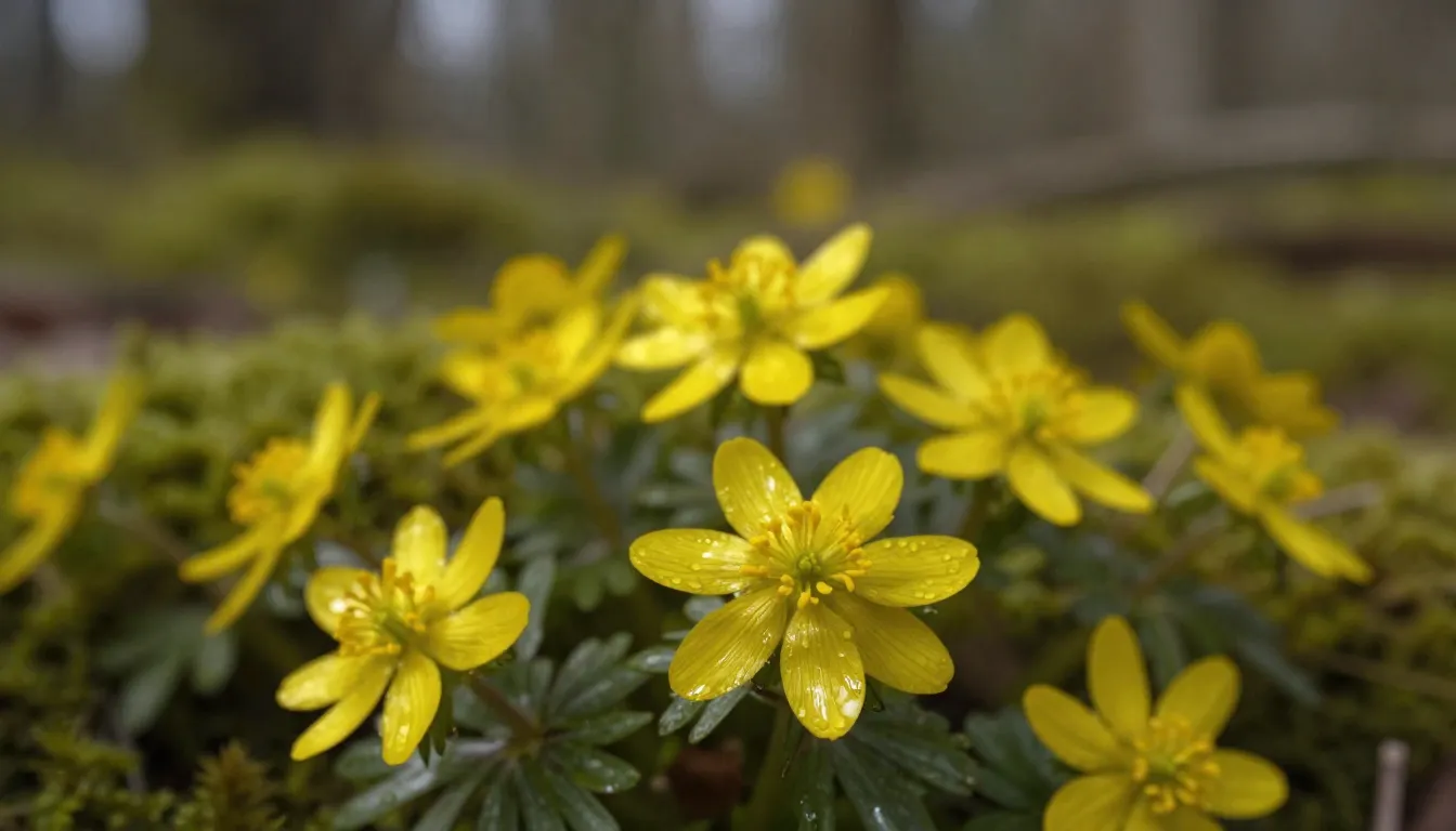 A close-up shot of bright yellow Ficaria verna flowers in a ...