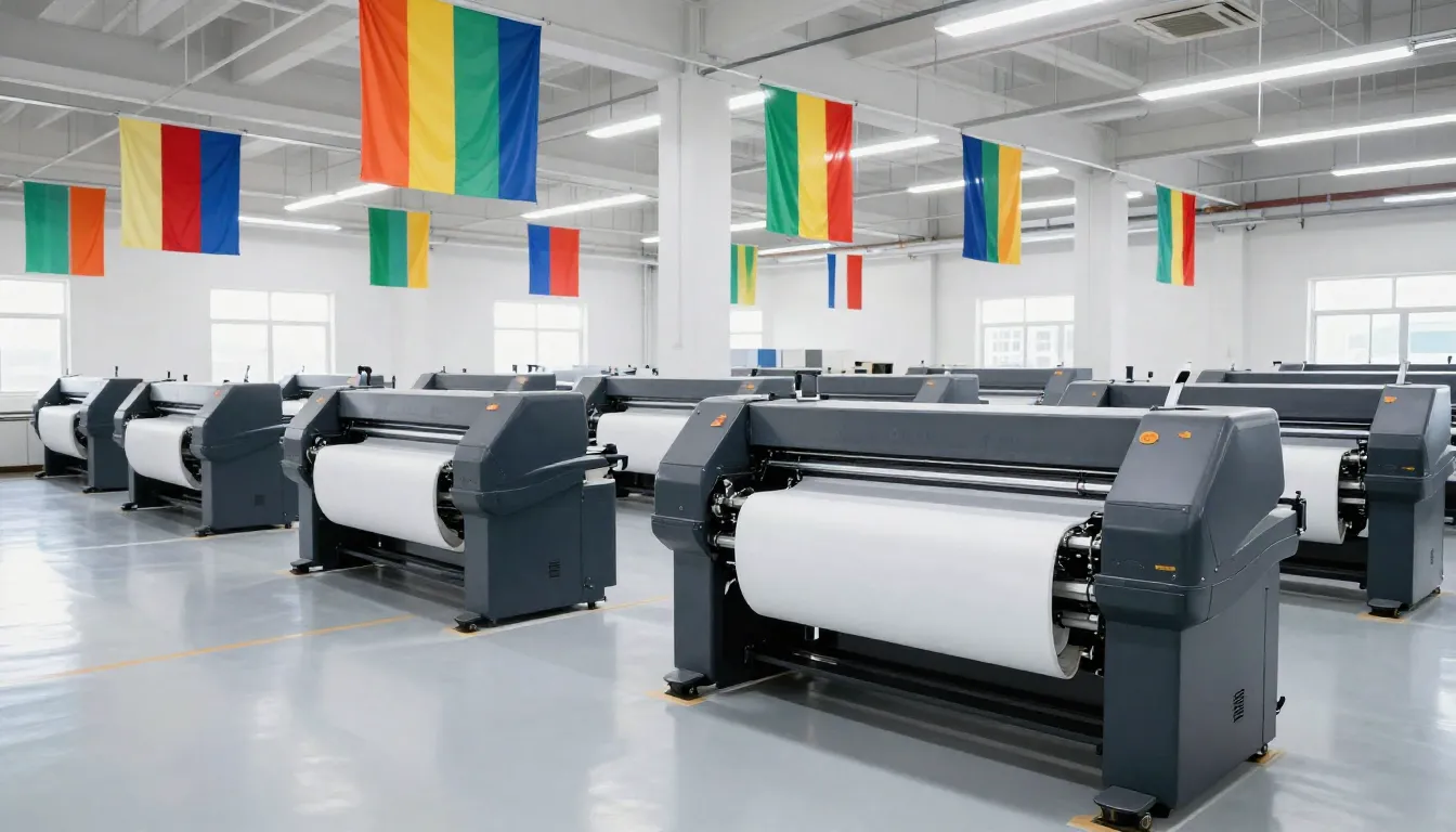 A modern printing factory interior with large format printer...