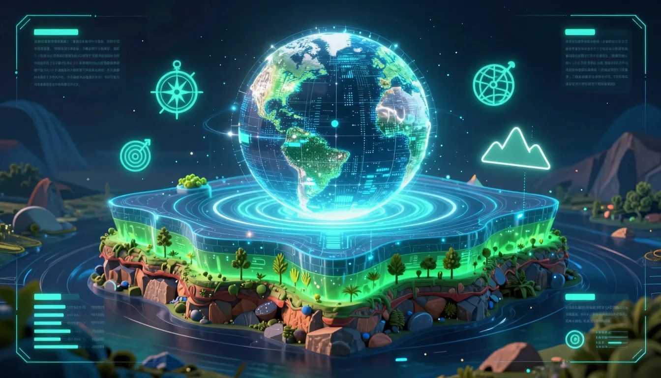 Futuristic cyberpunk infographic of Earth's layers. Central ...