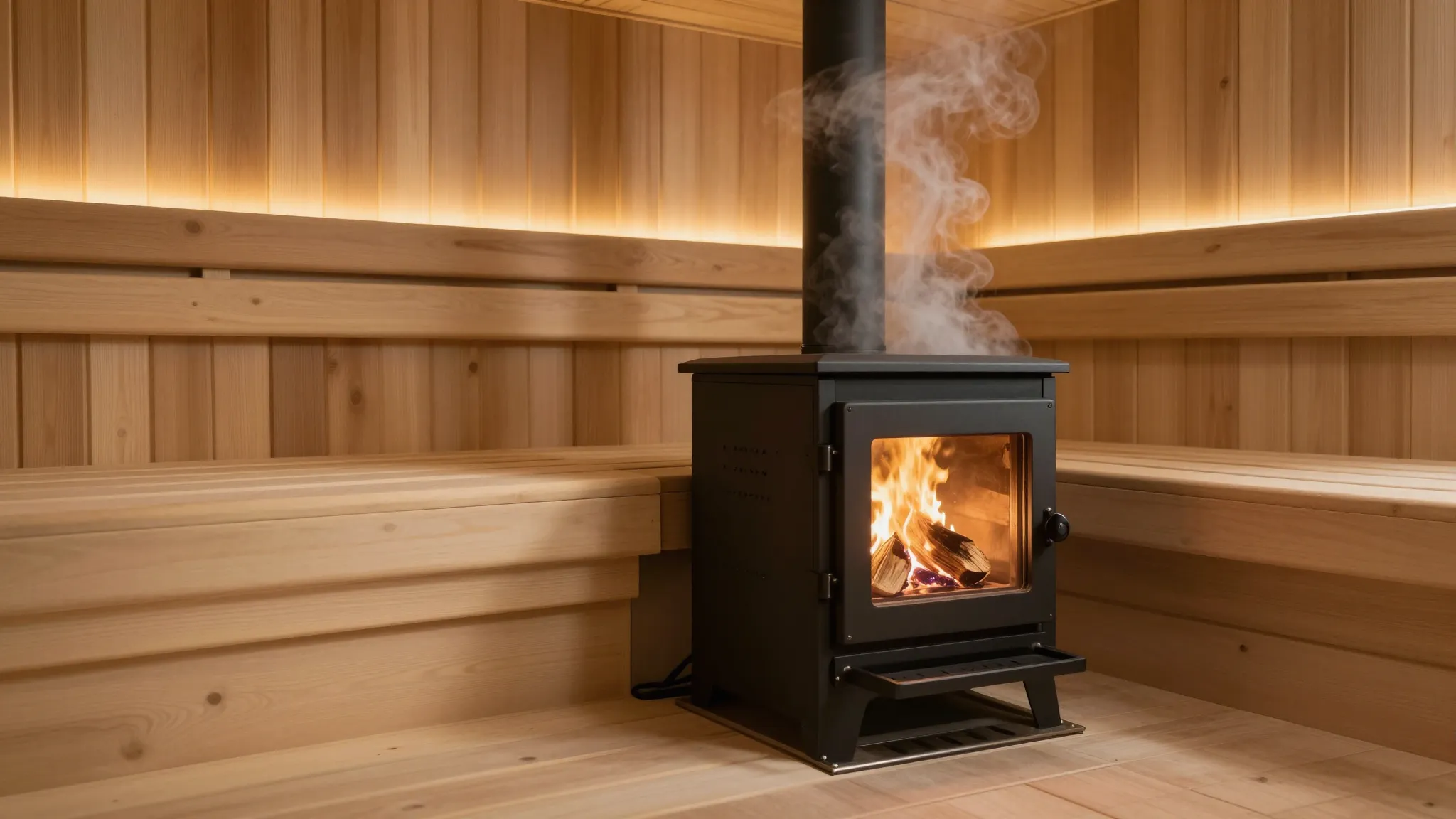 Interior of a luxurious modern wooden sauna, a sleek black m...