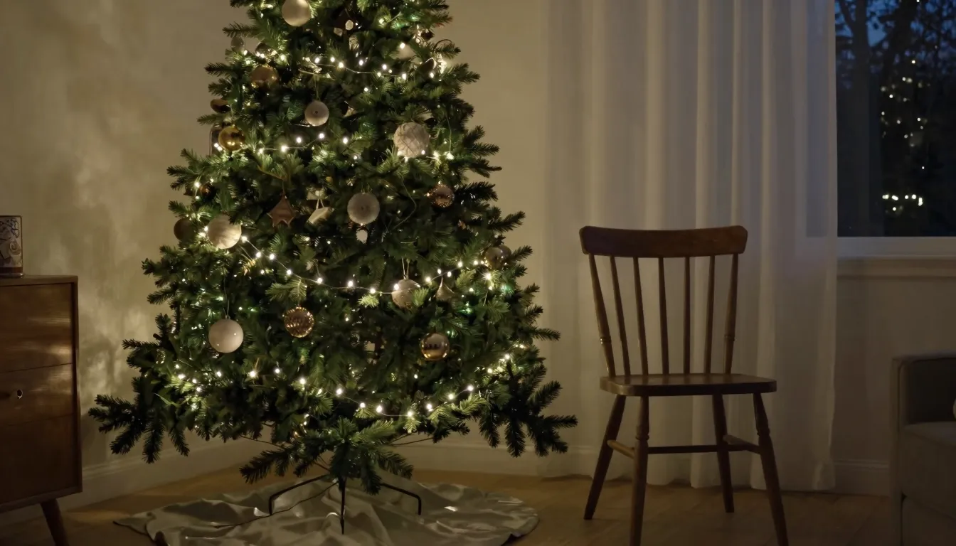 A beautifully decorated Christmas tree in a cozy living room...