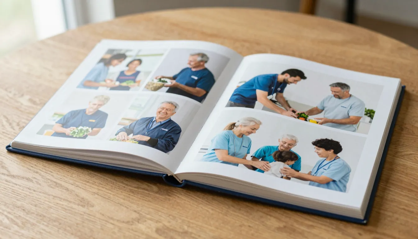 A professional photo album layout on a wooden table, showing...