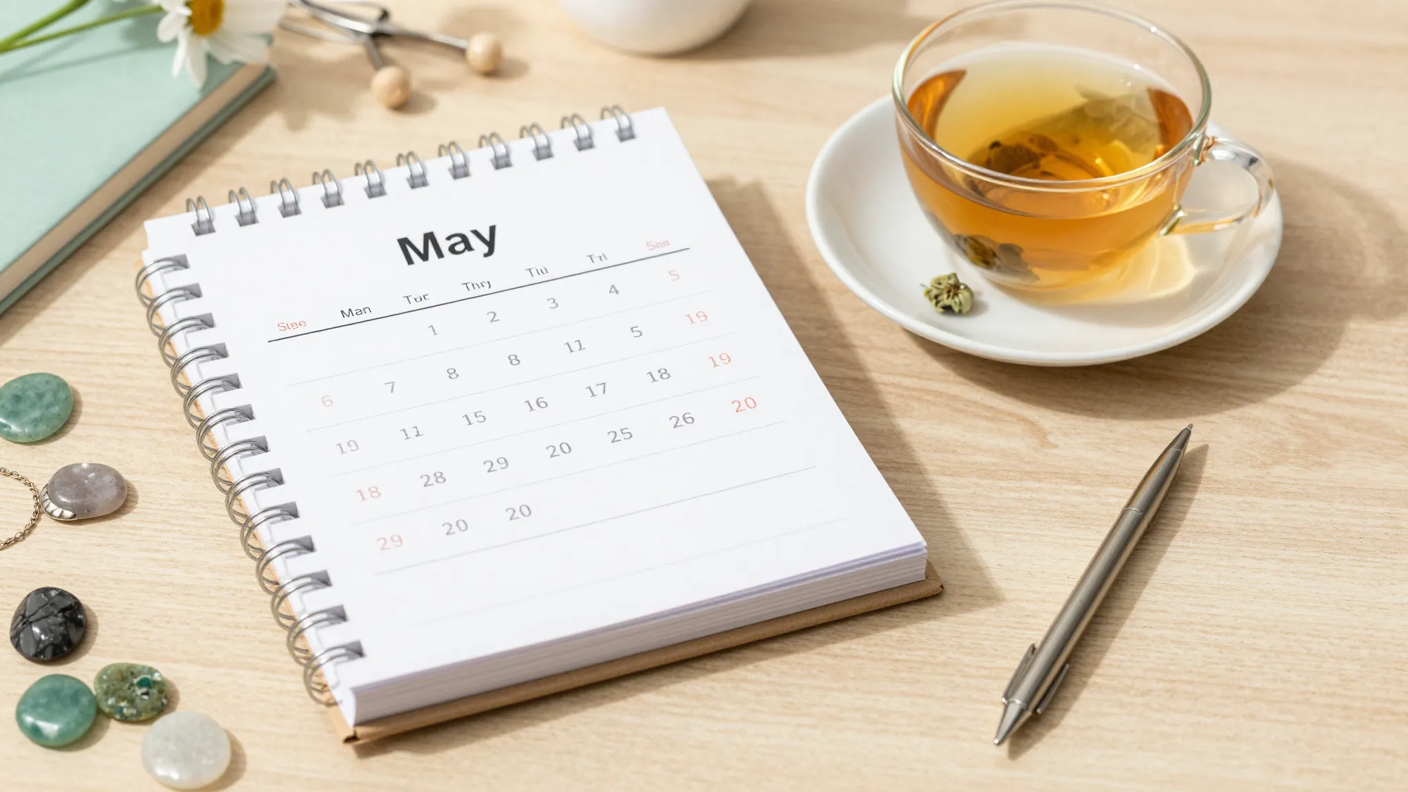 A beautiful calendar planner for May on a wooden table surro...