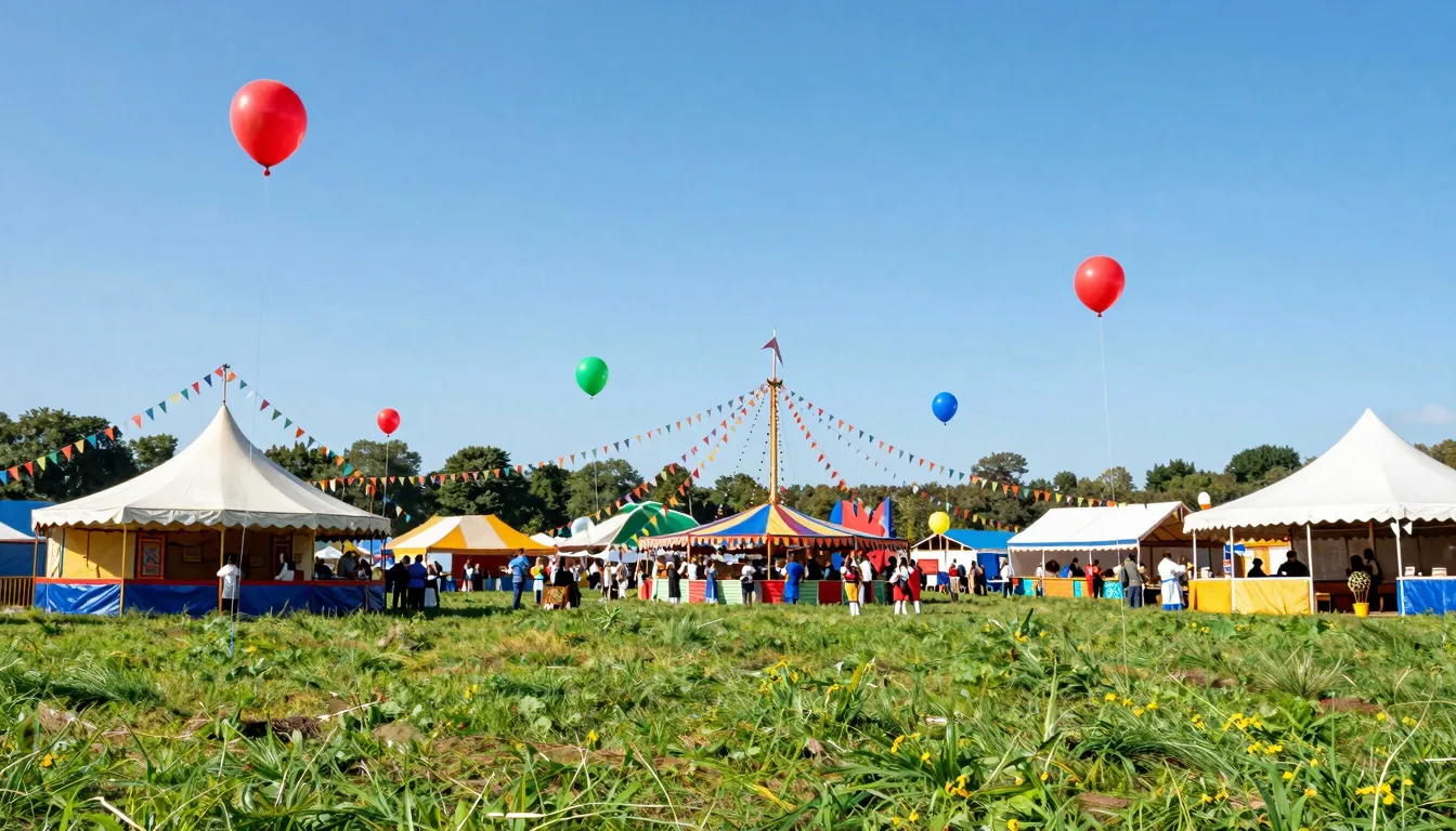 Festive rural fair background, green meadow, blue sky, color...