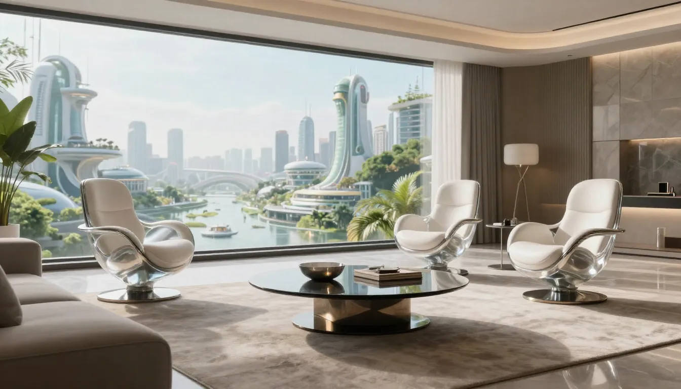 A futuristic living room featuring levitating coffee table a...