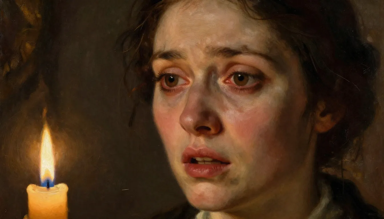 A close-up of a woman's face, eyes filled with realization a...