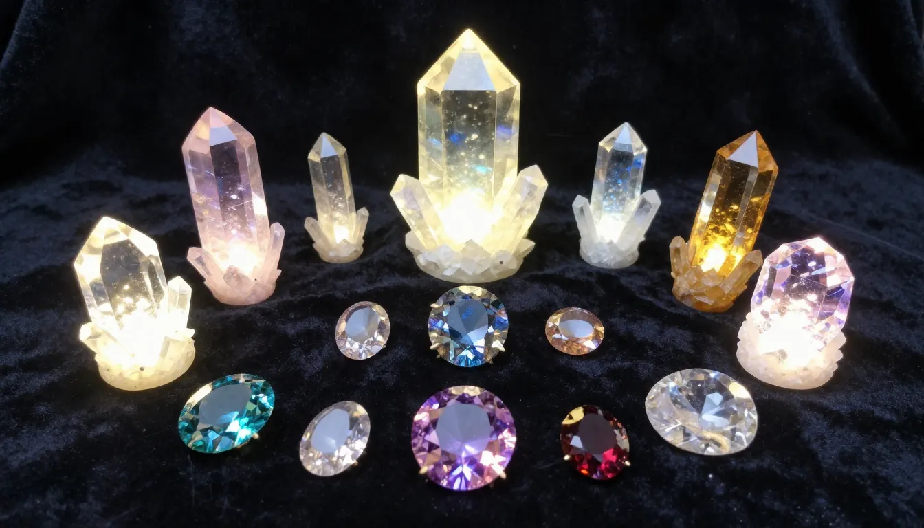 A collection of glowing crystals and gemstones arranged like...