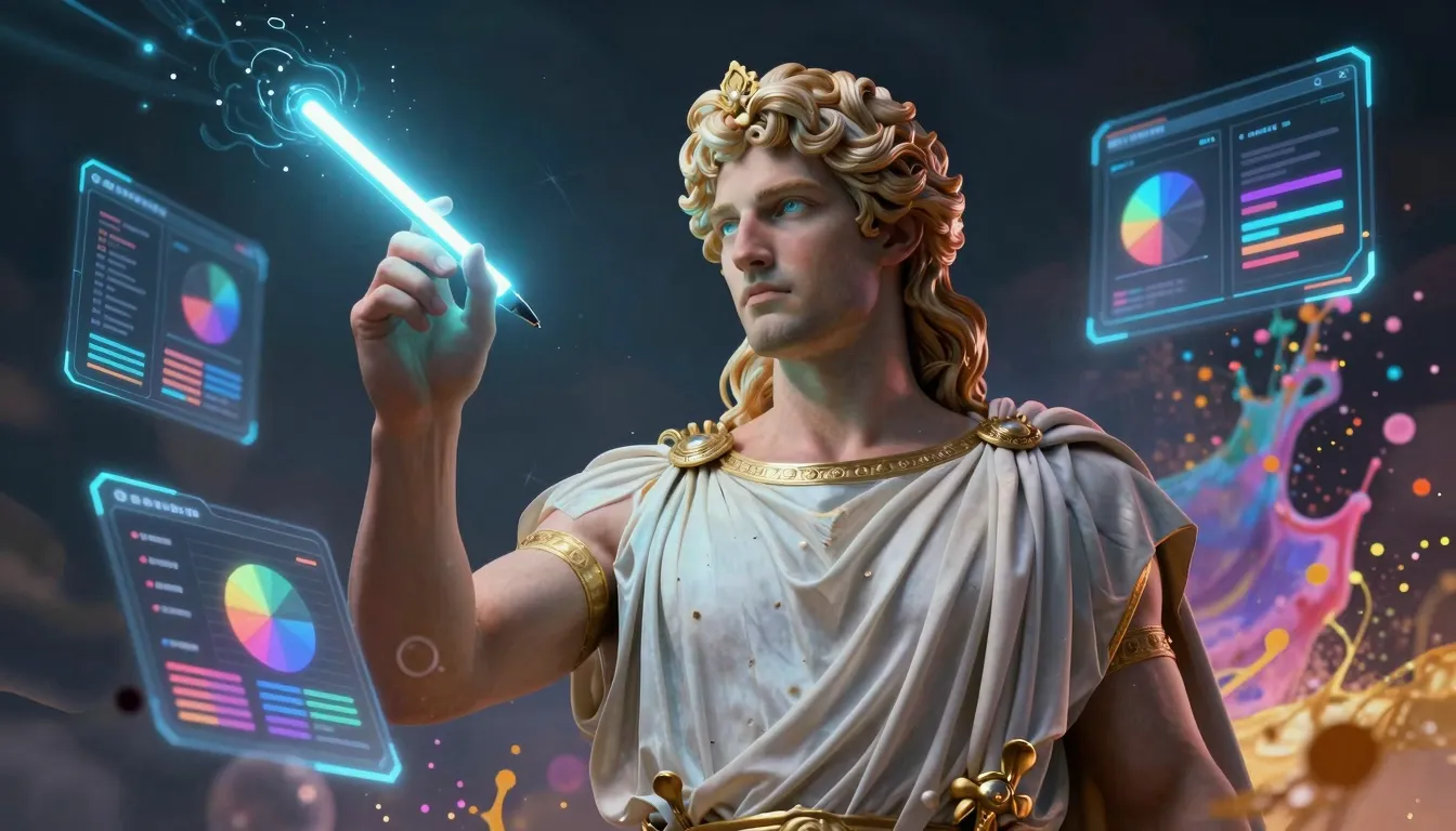 A majestic Greek god Apollo holding a glowing digital stylus...