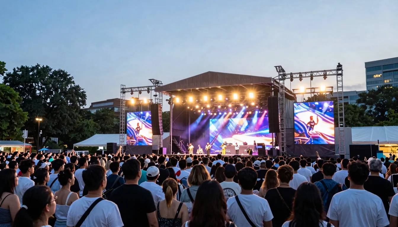 A large crowd of people at an outdoor concert in a city squa...