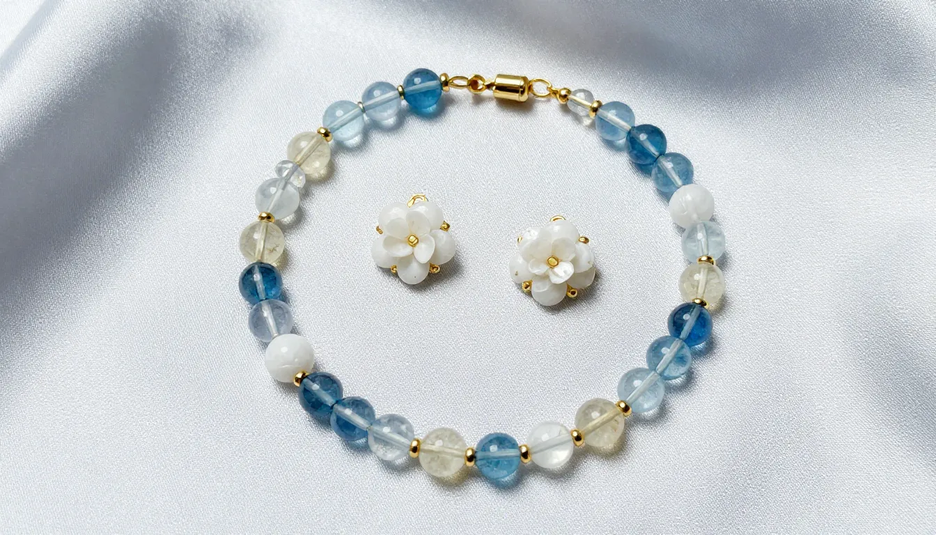 A professional flat lay of a jewelry set featuring white flo...