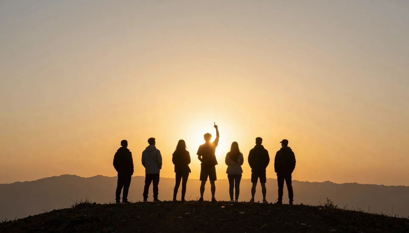 A group of people standing on a hill watching a magnificent ...