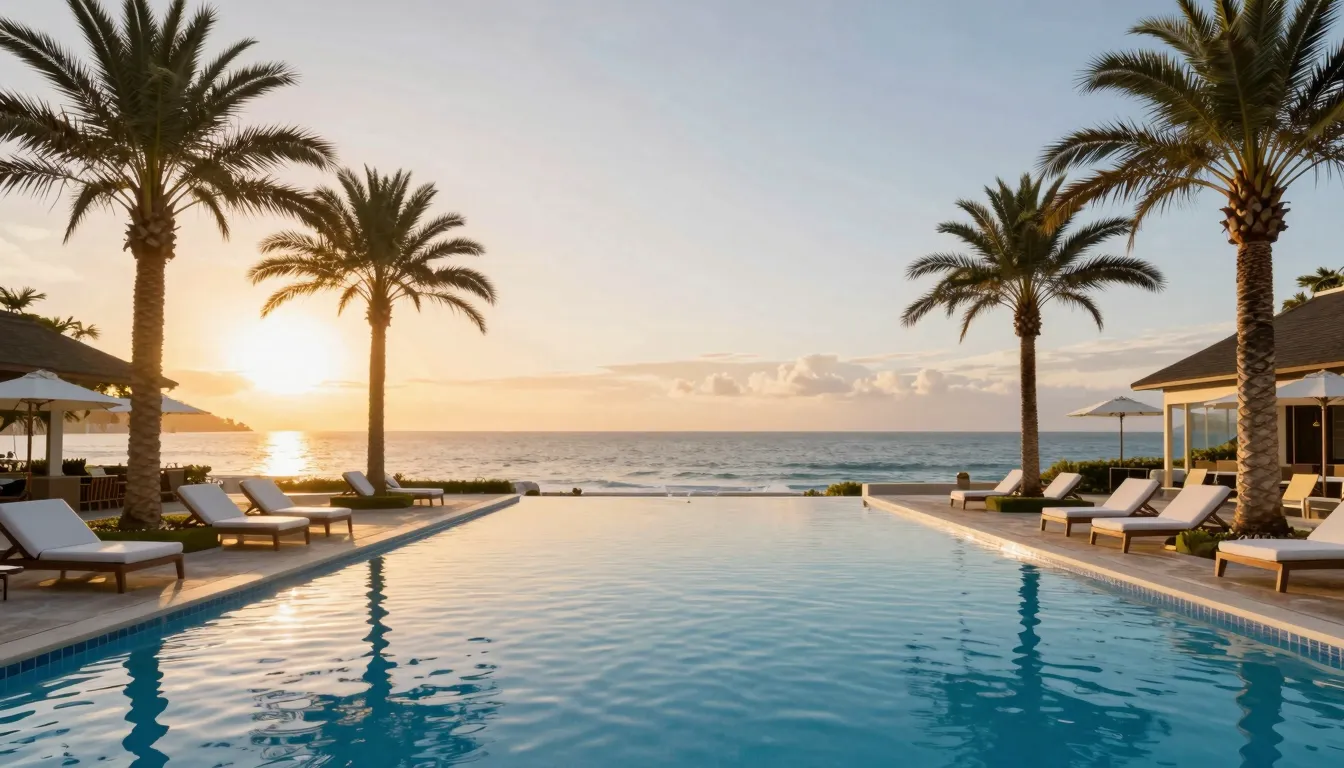 Luxury resort swimming pool with palm trees and sun loungers...
