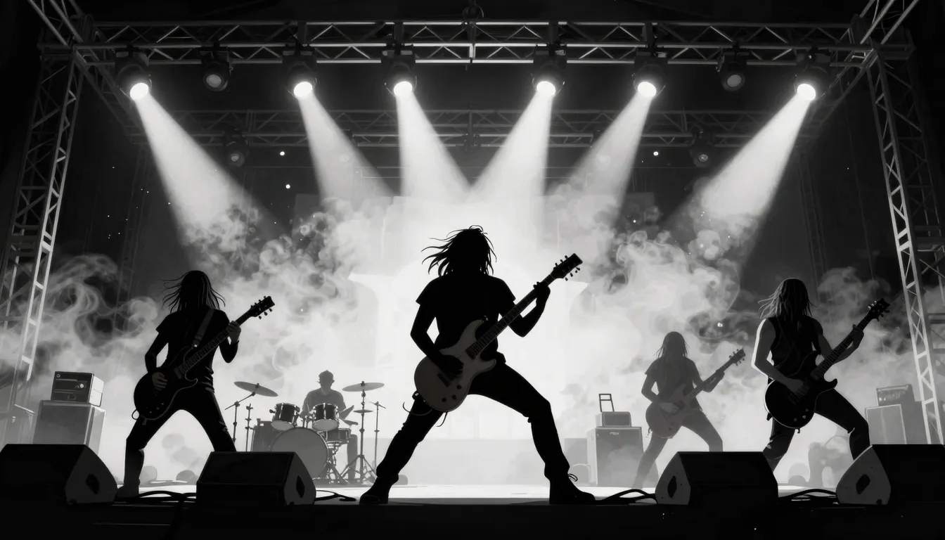 Stylized illustration of a heavy metal concert, aggressive e...