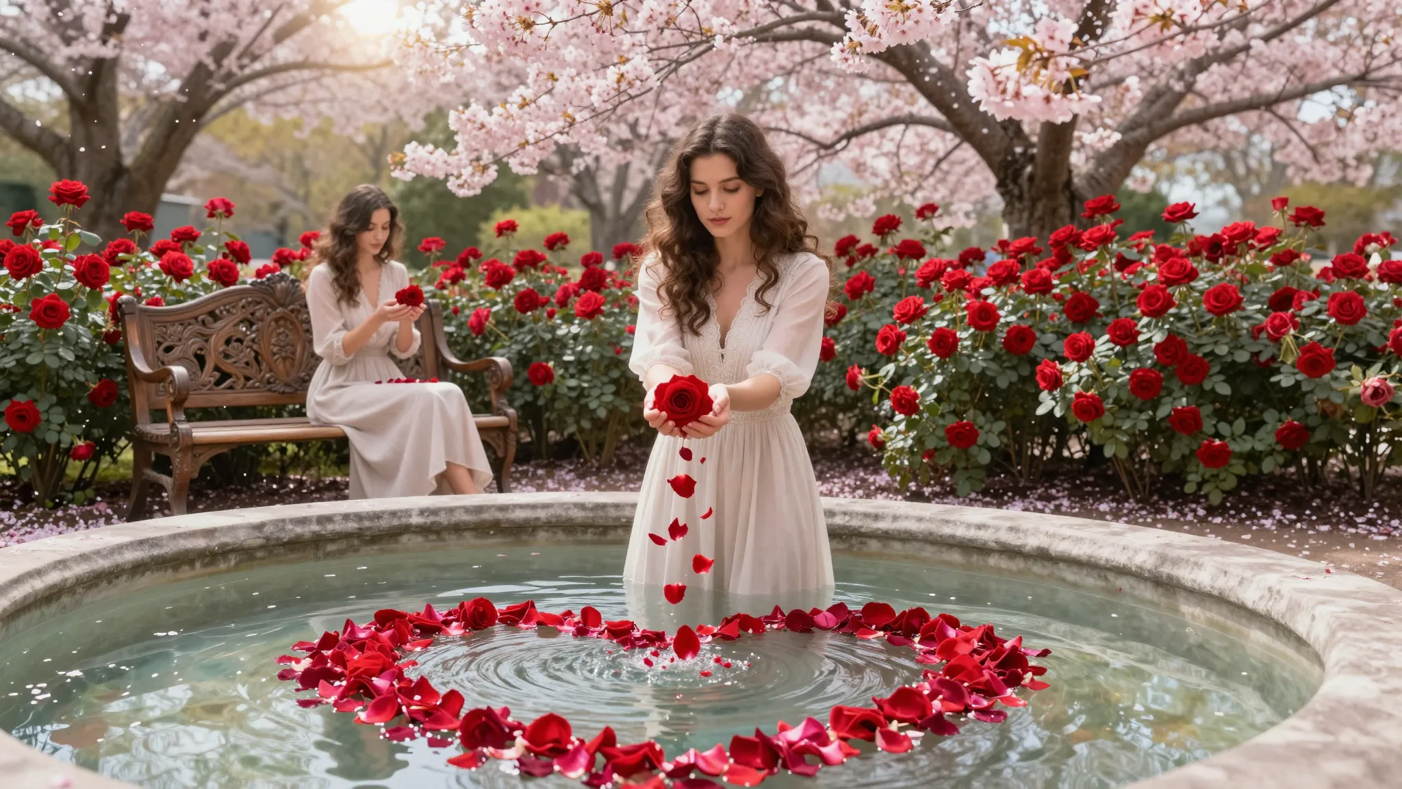 Cinematic video of a serene garden with blooming cherry blos...