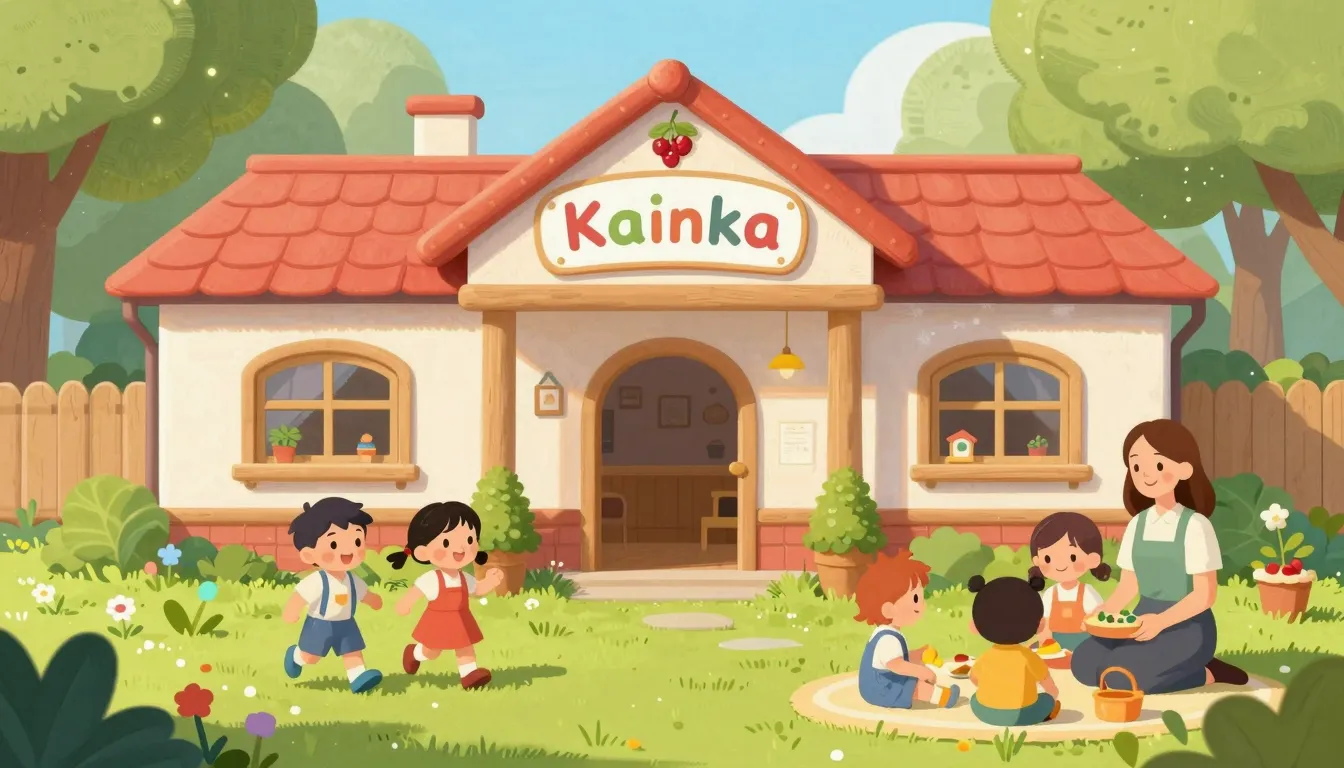 A beautiful, colorful kindergarten building with a sign 'Kal...