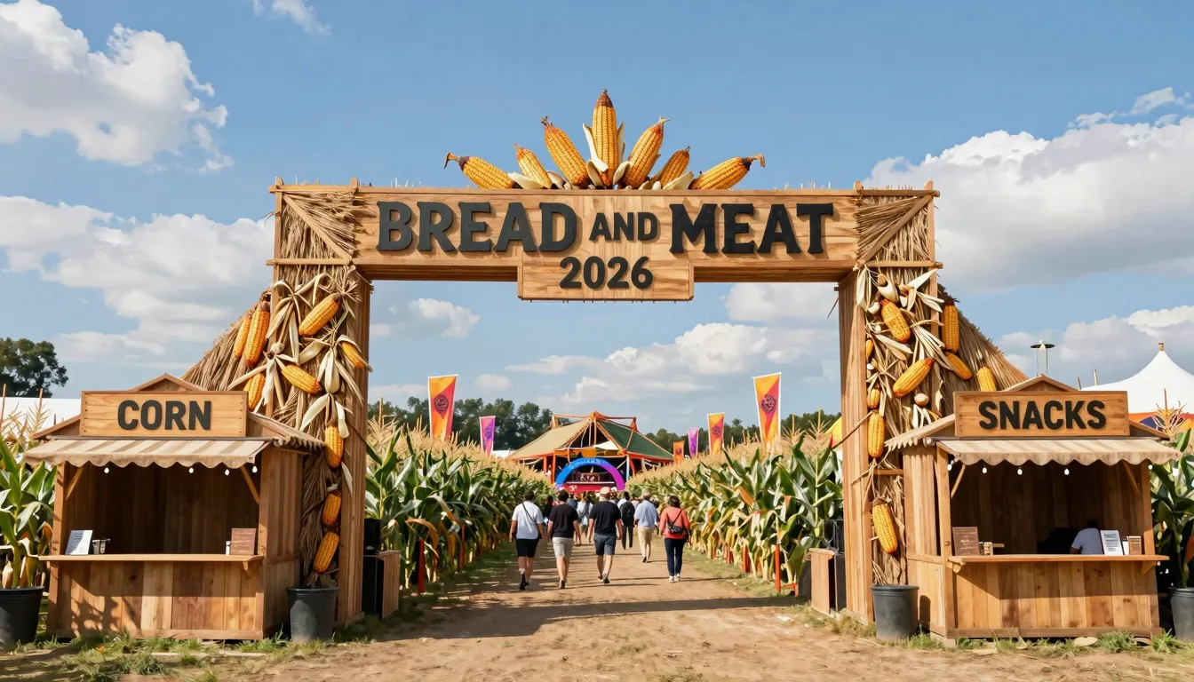 A wide shot of the festival entrance 'BREAD AND MEAT 2026'. ...