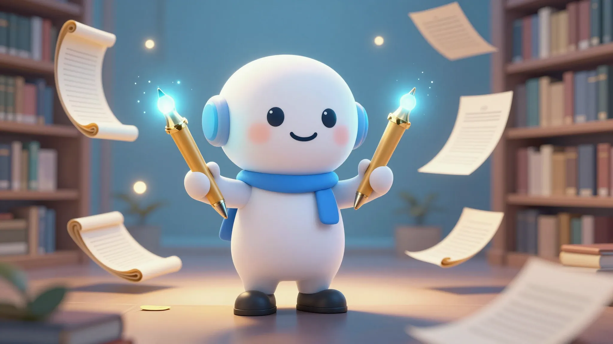 A friendly digital assistant character with a magical glowin...