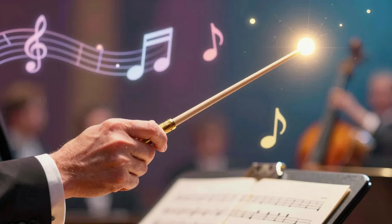 A close-up of a conductor's hand holding a glowing baton, su...