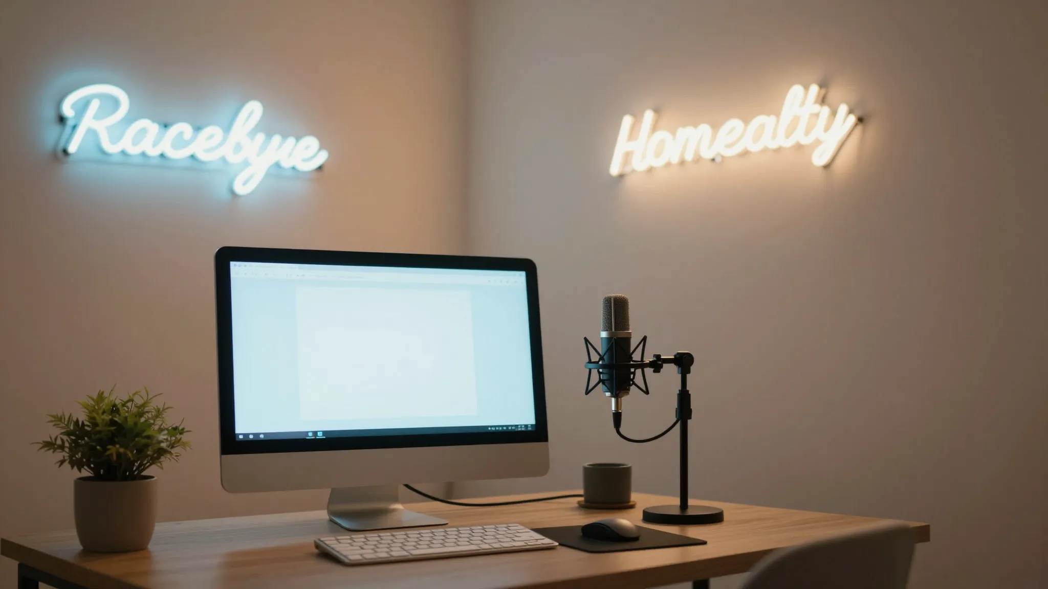 A cozy streaming room setup with a glowing computer monitor,...