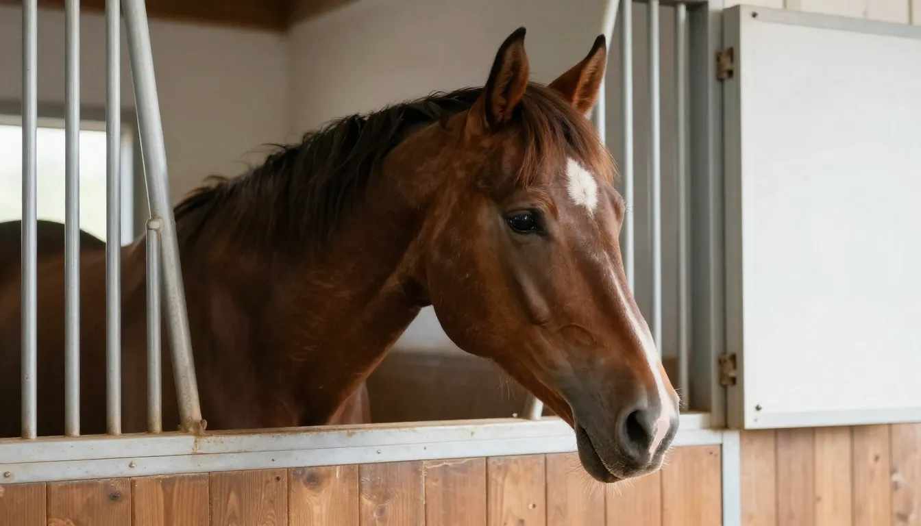 Inside a clean, well-lit stable. A horse is looking out of i...