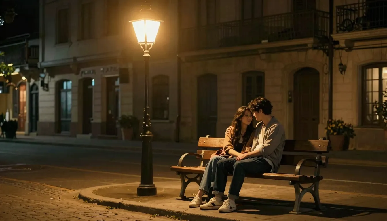 A cinematic night scene on a quiet old street. A vintage iro...