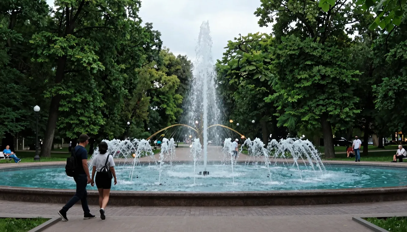 A modern park in Stavropol with a large fountain and people ...