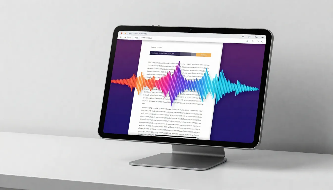 A minimalist workspace with a tablet displaying a PDF docume...