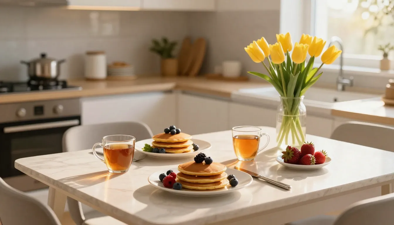 A bright modern kitchen filled with morning sunlight, a brea...