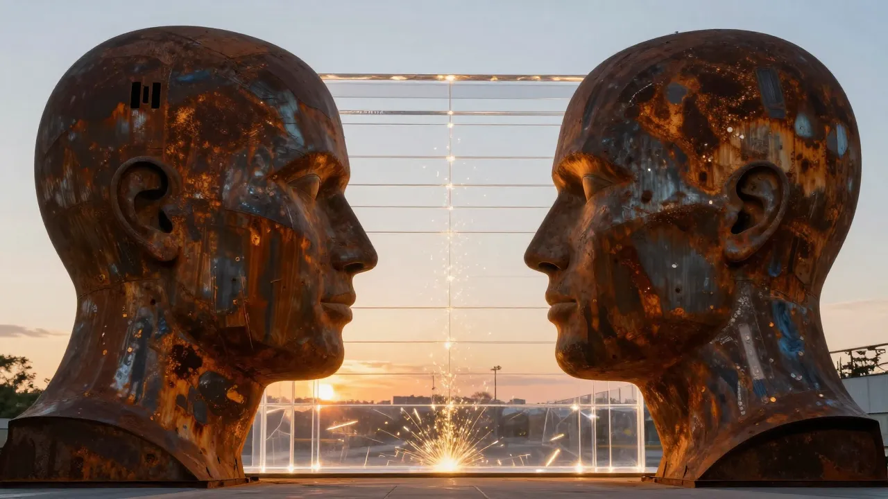 Art installation of two giant human profiles facing each oth...