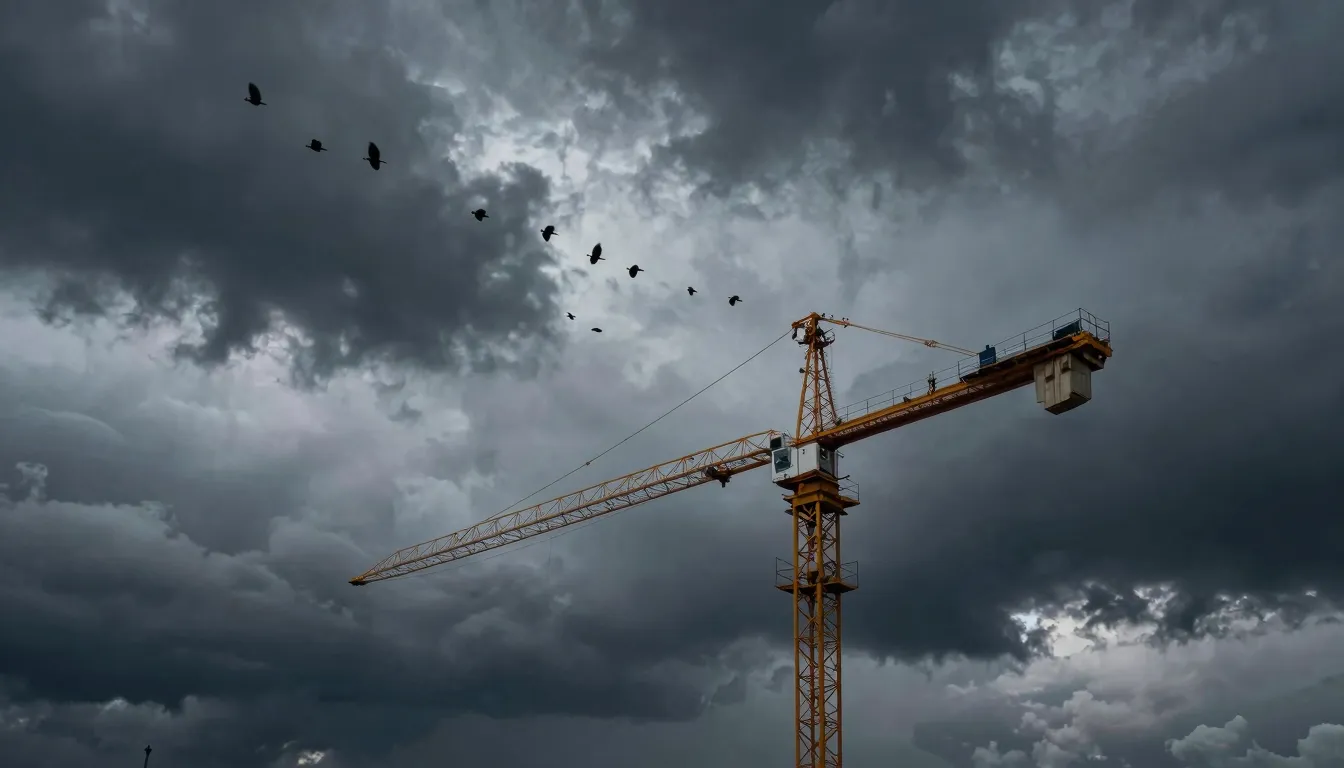 Dramatic low angle shot of a crane flock migrating under a s...