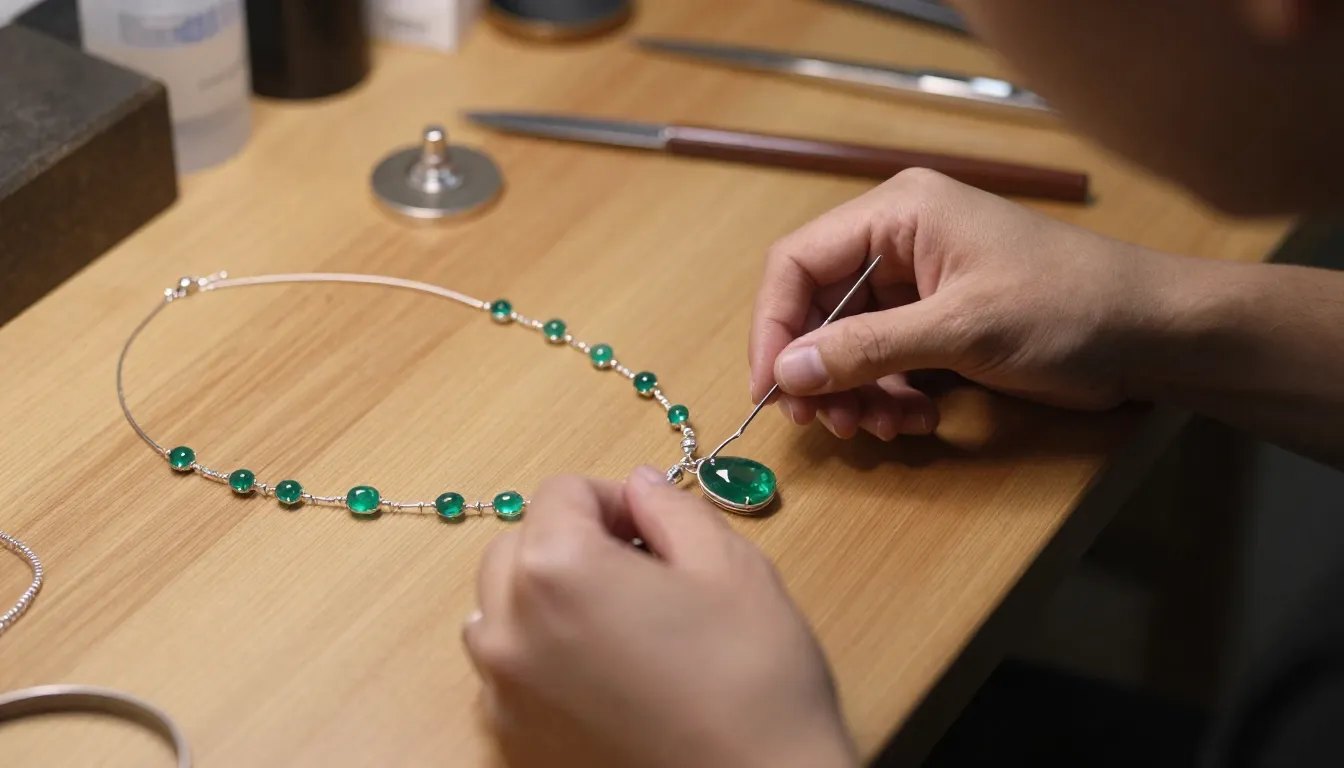 A professional photo of a jewelry designer's hands carefully...