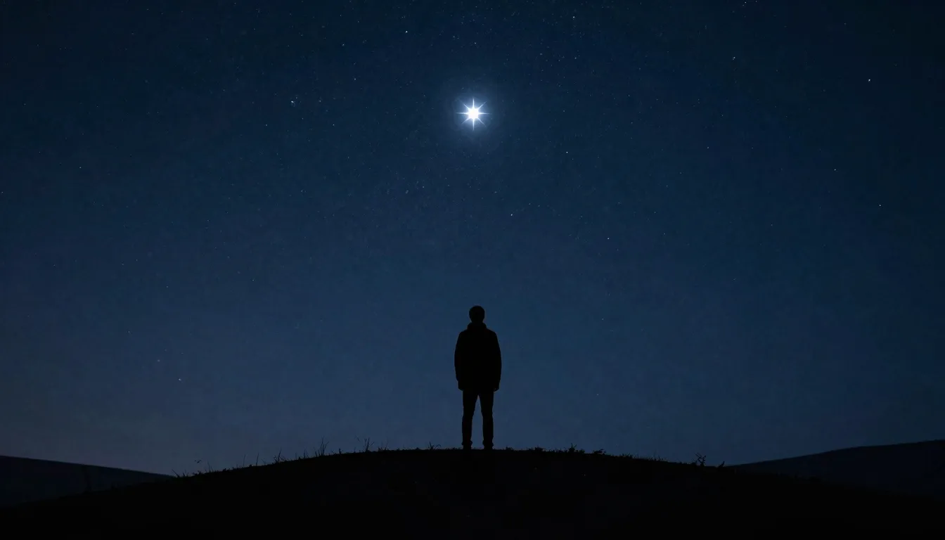 A silhouette of a person standing on a hill looking at a sin...