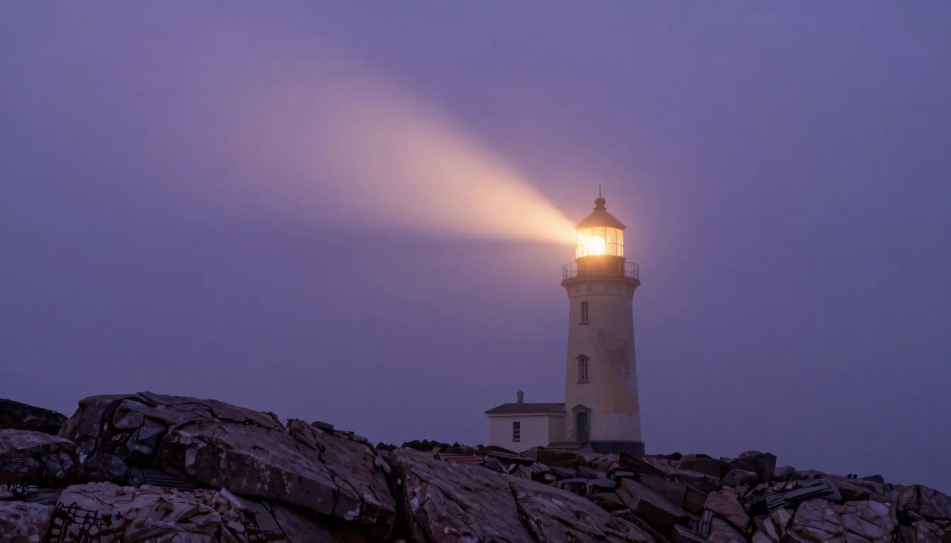 A lonely lighthouse on a rocky cliff at dusk, a beam of soft...