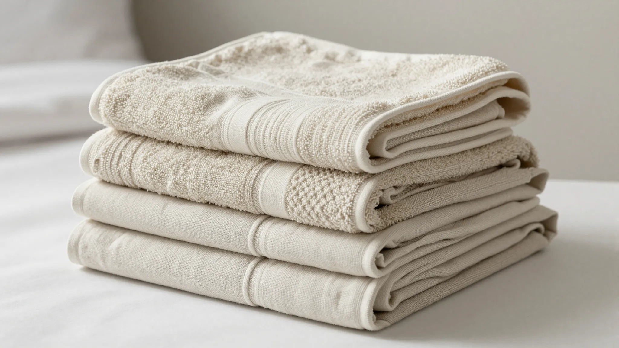 Stack of folded organic cotton towels and linen bedding in n...