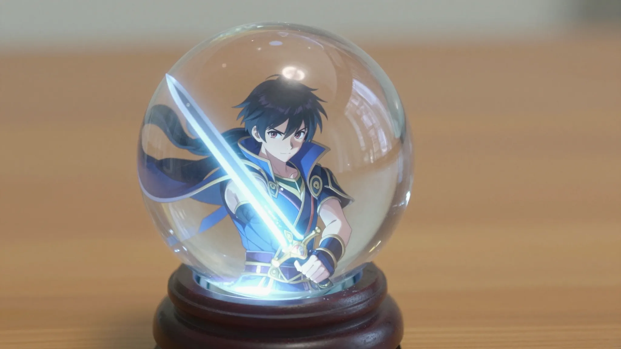A magical crystal sphere on a wooden table, inside the spher...