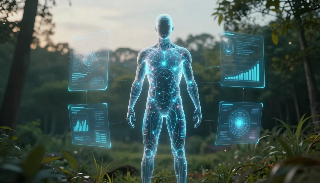 A futuristic human silhouette filled with glowing neural net...