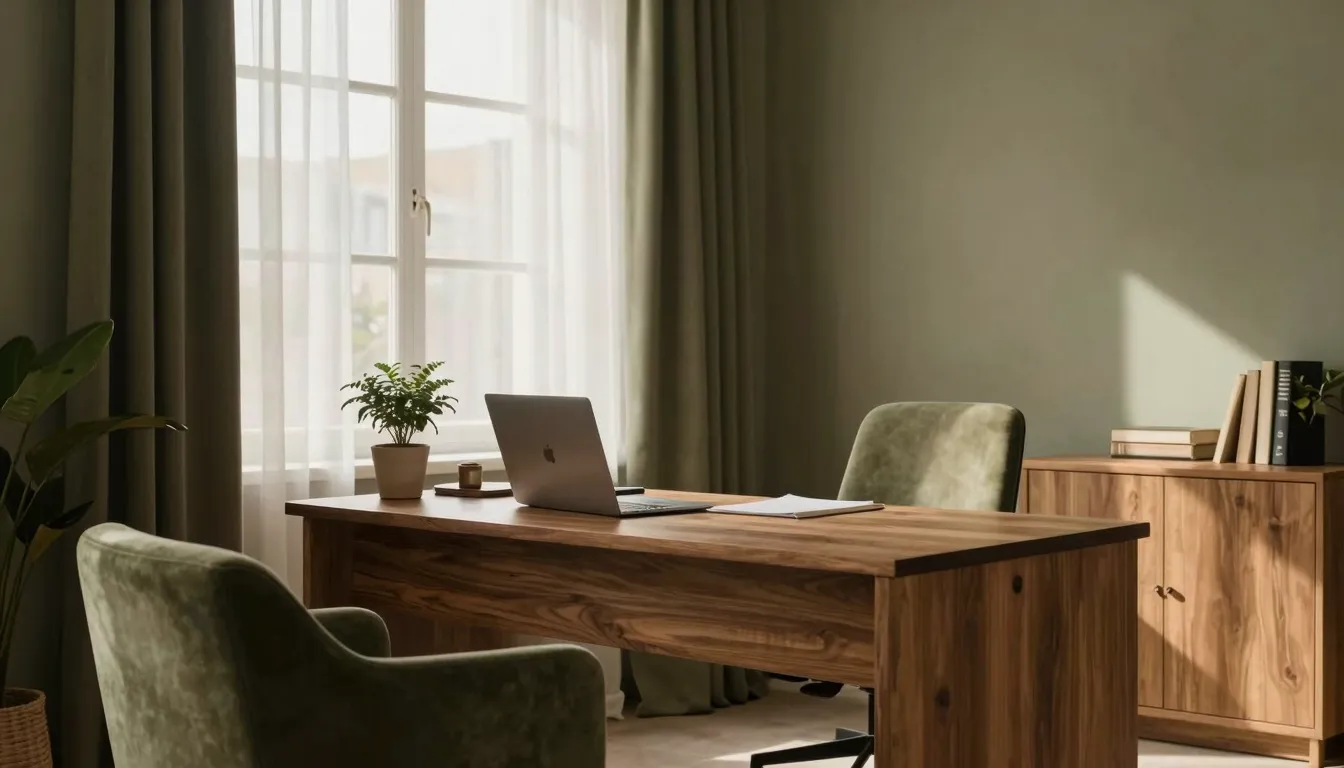 Cozy aesthetic psychologist office interior, soft sunlight t...