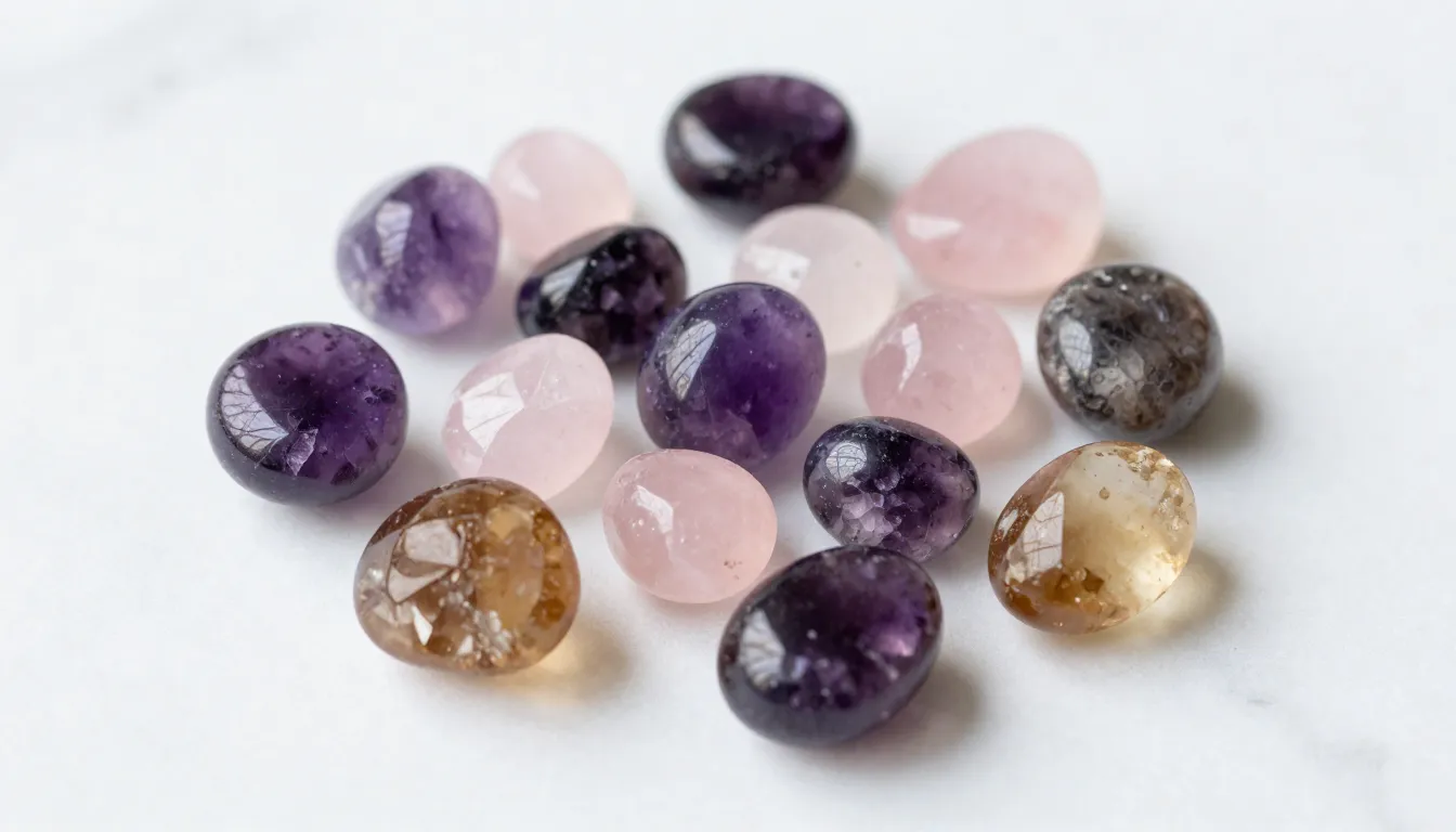 A collection of various colorful natural gemstones like amet...